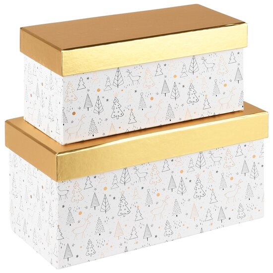 Dekoratief | Set 2 dozen rechthoek &#039;Winter Forest&#039;, wit/goud, 24x12x12cm | A235592