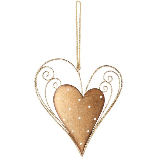 Dekoratief | Hanger hart m/stippen, goud, metaal, 20x18cm | A235644