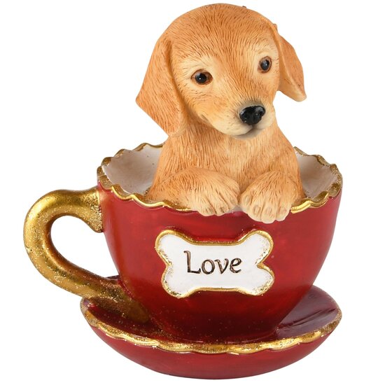 Dekoratief | Hond in koffietas &#039;Love&#039;, bruin/rood, resina, 8x8x10cm | A235821