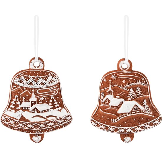 Dekoratief | Hanger bel peperkoek, bruin/wit, resina, 9x1x10cm, set van 2 stuks | A235951