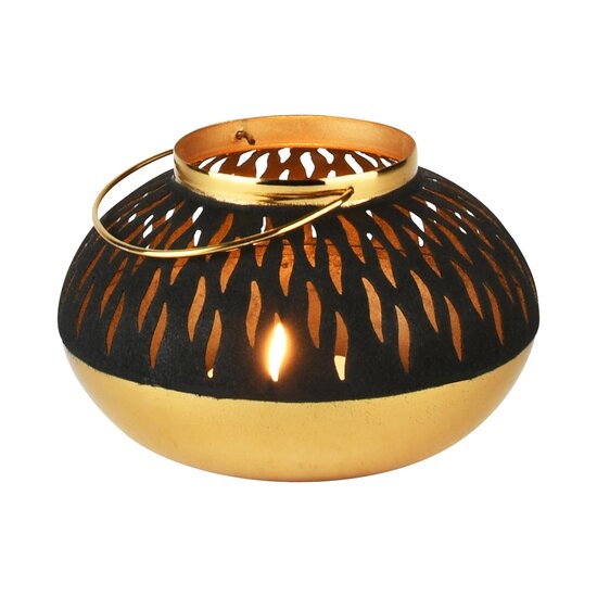 Dekoratief | Lantaarn &#039;Subtle Flame&#039;, zwart/goud, metaal, 13x13x9cm | A238204