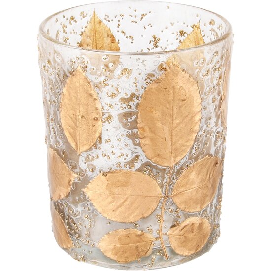 Dekoratief | Theelichthouder &#039;Golden Leaves&#039;, transparant, glas, 10x10x13cm | A238230