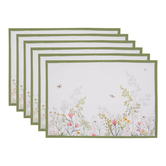 Clayre &amp; Eef   | Placemats Set van 6 Wit Groen 48x33 cm | WFF40