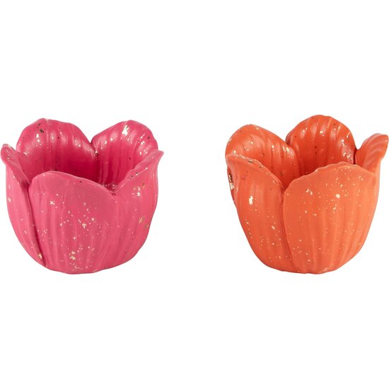 Dekoratief | Theelichthouder tulp, fuchsia/oranje, resina, 10x10x8cm, set van 2 stuks | A240142