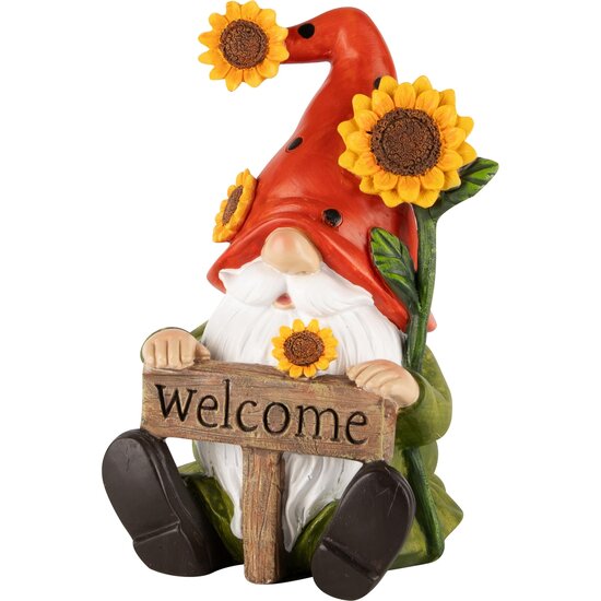 Dekoratief | Gnoom zittend m/zonnebloemen, &#039;Welcome&#039;, resina,11x11x18cm | A240461