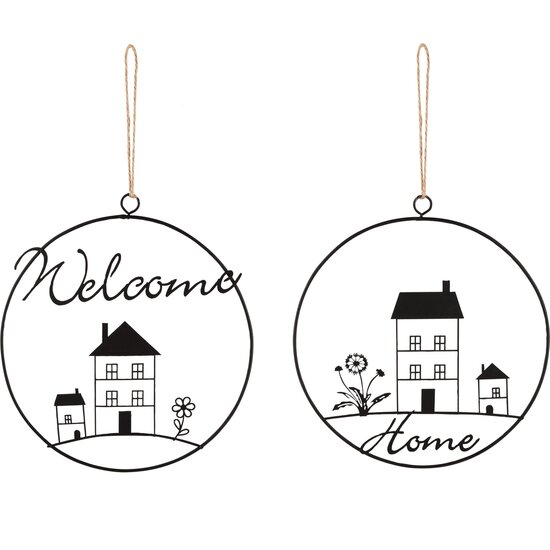 Dekoratief | Hanger ring m/huisje &#039;Welcome/Home&#039;, metaal, 18x16cm, set van 2 stuks | A240538