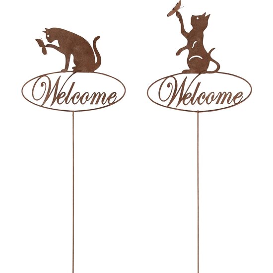 Dekoratief | Stick m/poes &#039;Welcome&#039;, roest, metaal, 52x17cm, set van 2 stuks | A240543