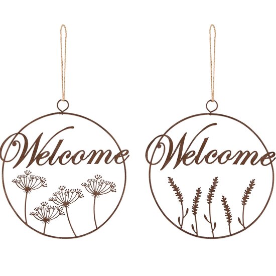 Dekoratief | Hanger ring &#039;Welcome&#039;, roest, metaal, 18x18cm, set van 2 stuks | A240547