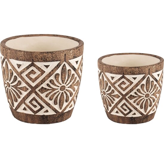 Dekoratief | Set 2 Bloempots &#039;Ethnic&#039;, bruin/beige, cement, 18x18x16cm | A240787