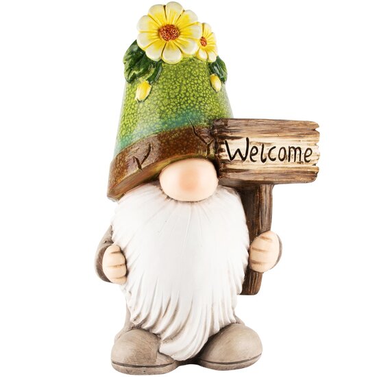 Dekoratief | Gnoom m/bloempot op hoofd, &#039;Welcome&#039;, TC, 27x19x40cm | A240921