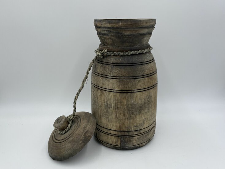 Nepalese kruik pot met deksel &amp; touw hout vintage bruin 37 cm x 17 cm | Stoer &amp; Sober | 585544 | Meraki Shop