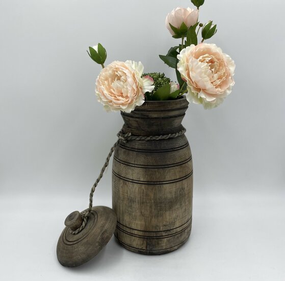 Nepalese kruik pot met deksel &amp; touw hout vintage bruin 37 cm x 17 cm | Stoer &amp; Sober | 585544 | Meraki Shop