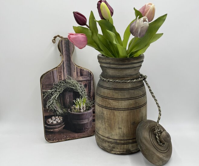 Decoratie broodplank met print krans bloempot &amp; kwarteleitjes 35,5 cm x 18,5 cm touw maat M | Stoer &amp; Sober | 431499 | Meraki Shop