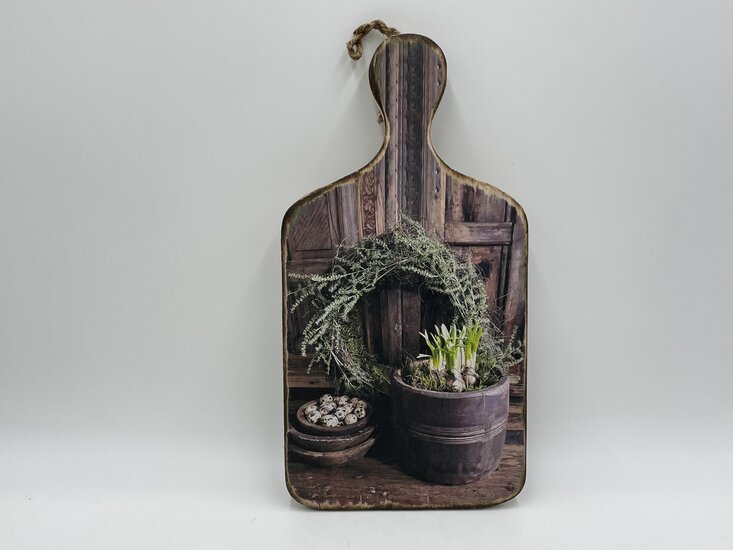 Decoratie broodplank met print krans bloempot &amp; kwarteleitjes 35,5 cm x 18,5 cm touw maat M | Stoer &amp; Sober | 431499 | Meraki Shop