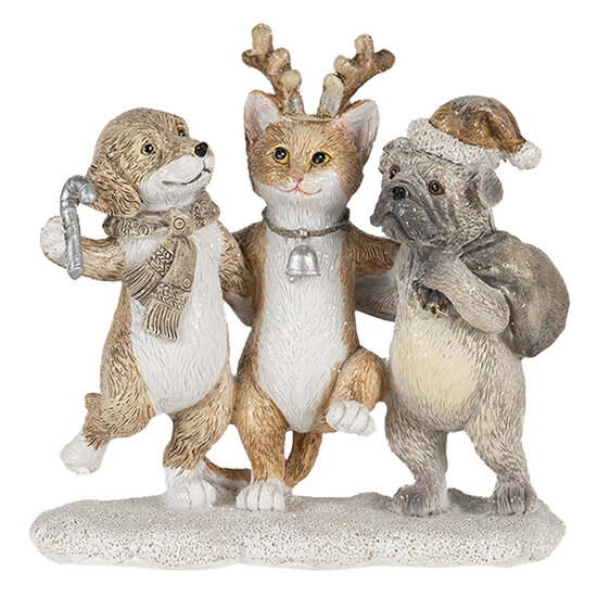 Clayre &amp; Eef   | Kerstdecoratie Beeld Honden en Kat Grijs, Beige, Wit 13x5x12 cm | 6PR4633