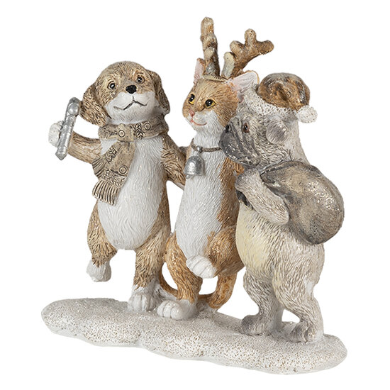 Clayre &amp; Eef   | Kerstdecoratie Beeld Honden en Kat Grijs, Beige, Wit 13x5x12 cm | 6PR4633