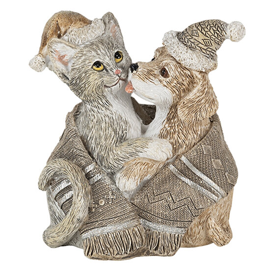 Clayre &amp; Eef   | Kerstdecoratie Beeld Kat en Hond Grijs, Wit 8x5x9 cm | 6PR4634