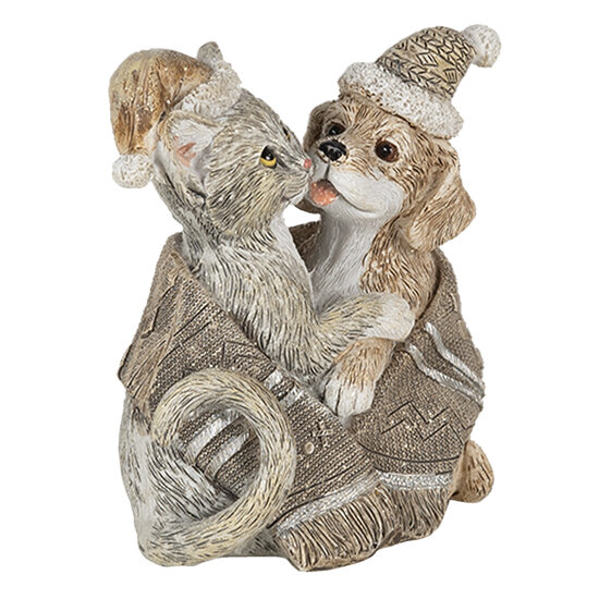 Clayre &amp; Eef   | Kerstdecoratie Beeld Kat en Hond Grijs, Wit 8x5x9 cm | 6PR4634