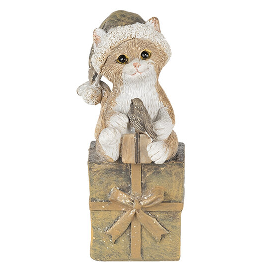 Clayre &amp; Eef   | Kerstdecoratie Beeld Kat Bruin, Wit 5x4x10 cm | 6PR4643