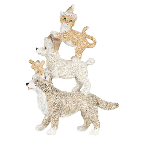 Clayre &amp; Eef   | Kerstdecoratie Beeld Honden en kat Grijs, Beige, Wit 12x4x17 cm | 6PR4647