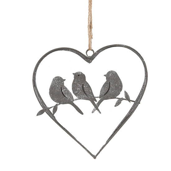 Clayre &amp; Eef   | Hanger hart met vogels Grijs 14x13 cm | 6Y5559