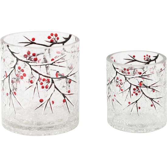 Dekoratief | Set 2 theelichthouders &#039;Winter Berries&#039;, glas, 9x9x10cm | A245071