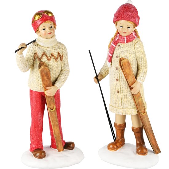 Dekoratief | Winterkindje staand m/ski&#039;s, rood/beige, resina, 13x9x30cm, set van 2 stuks | A245125