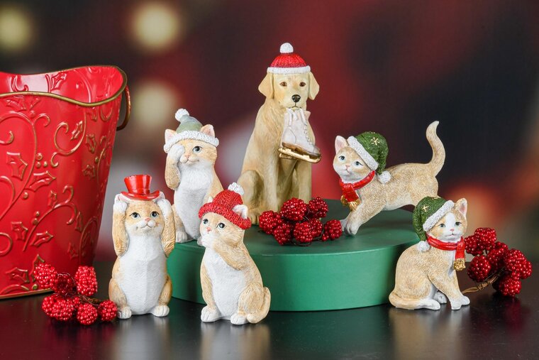 Dekoratief | Poes m/groene kerstmuts, resina, 11x5x9cm, set van 2 stuks | A245173