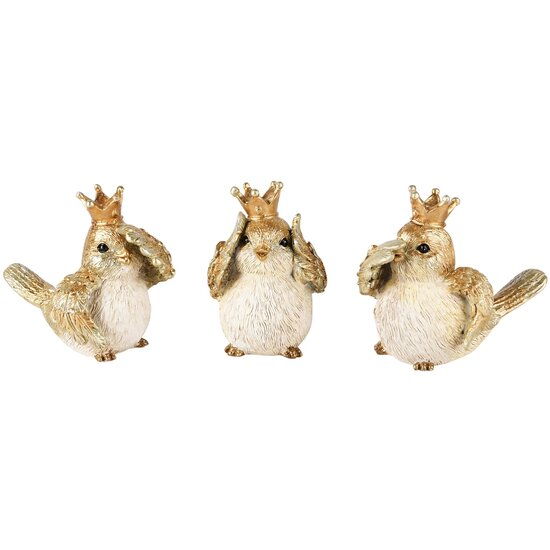 Dekoratief | Vogeltje m/kroontje, horen/zien/zwijgen, resina, 9x5x7cm, set van 3 stuks | A245180