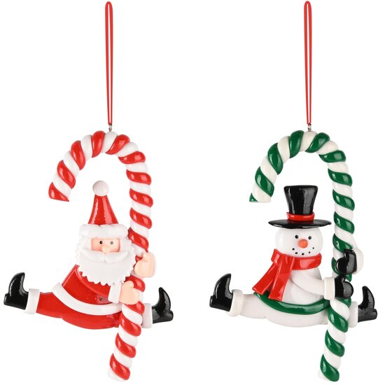 Dekoratief | Hanger santa/sneeuwman m/zuurstok, klei, 9x2x13cm, set van 2 stuks | A245299