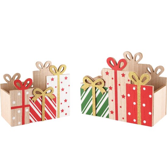 Dekoratief | Set 2 bakjes cadeautjes, rood/groen, hout, 24x12x20cm | A245350