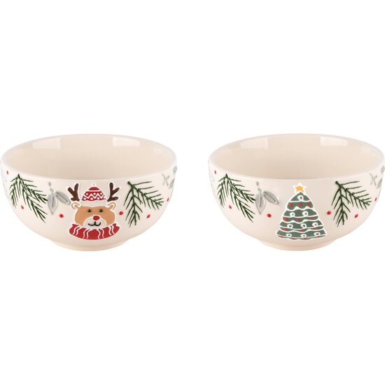 Dekoratief | Bowl &#039;Reindeer/Tree&#039;, wit/groen, keramiek, 15x15x8cm, set van 2 stuks | A245361