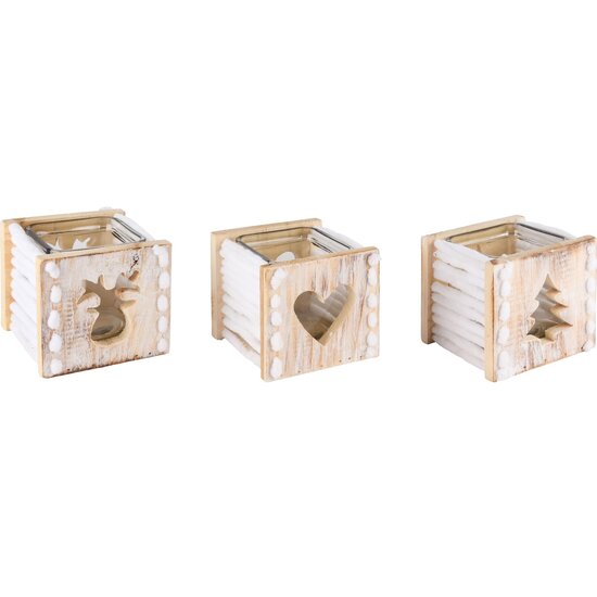 Dekoratief | Theelichthouder m/hartje/boompje/rendier, hout, 10x10x10cm, set van 3 stuks | A245366