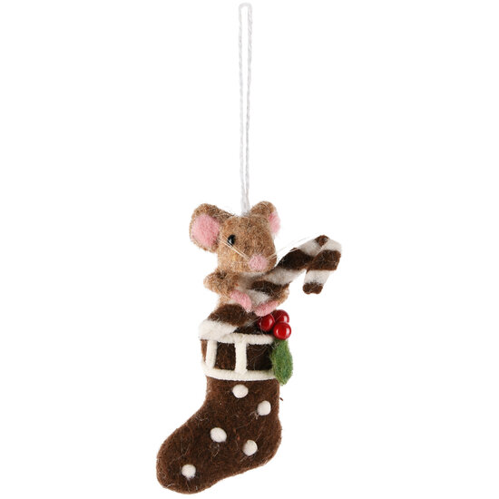 Dekoratief | Hanger kerstkous m/muis, bruin/wit, stof, 7x5x13cm | A245675