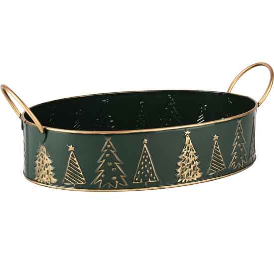 Dekoratief | Bakje ovaal &#039;Festive Trees&#039;, groen/goud, metaal, 32x22x8cm | A245786