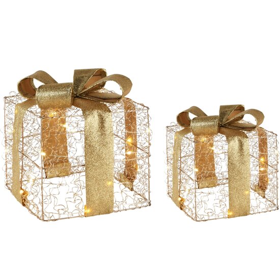 Dekoratief | Set 2 cadeautjes &#039;Wired&#039;, goud, LED, 20x20x23cm | A245861