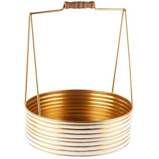 Dekoratief | Bakje rond m/handvat, goud/wit, metaal, 24x24x30cm | A245886