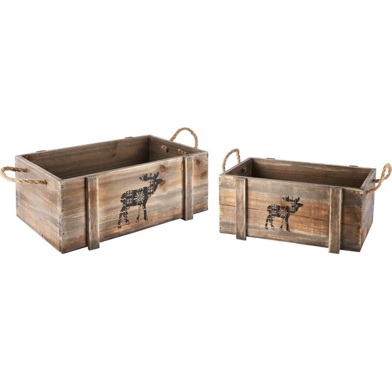 Dekoratief | Set 2 bakjes m/hert, naturel, hout, 34x19x13cm | A245888