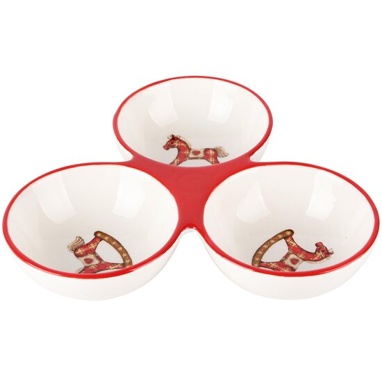 Dekoratief | Trio bowls m/schommelpaardje, wit/rood, dolomiet, 20x19x7cm | A245978