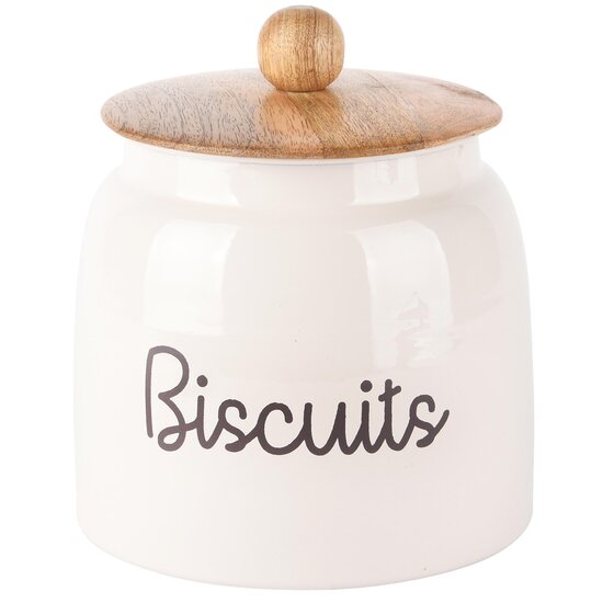 Dekoratief | Bewaarpot &#039;Biscuits&#039;, wit/zwart, hout/metaal, 16x16x17cm | A248226