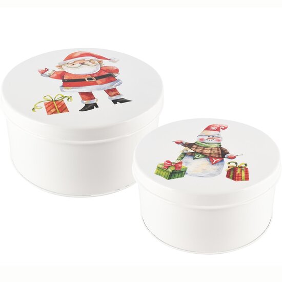 Dekoratief | Set 2 bewaardozen &#039;Santa/Snowman&#039;, wit, metaal, 20x20x10cm | A248231