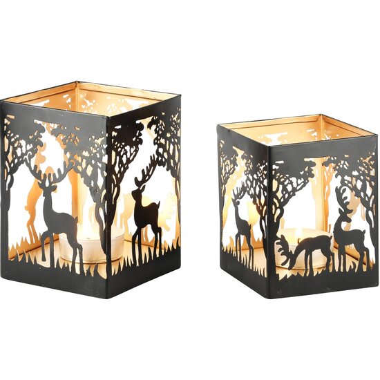 Dekoratief | Set 2 theelichtkubussen &#039;Loving Deer&#039;, zwart/goud, 11x11x16cm | A248314