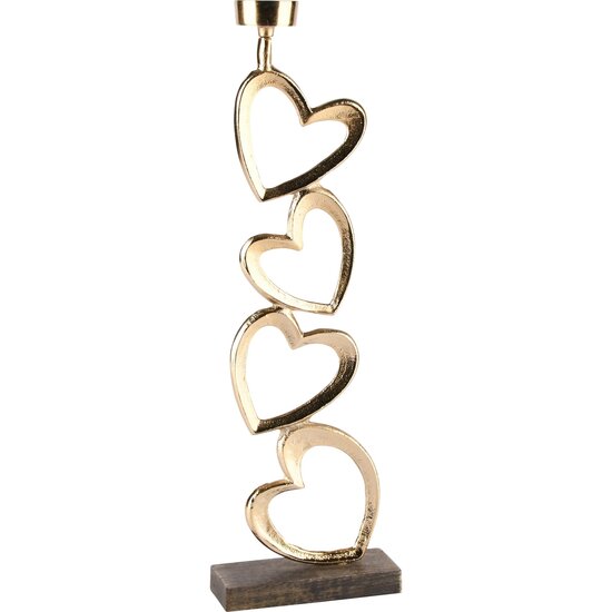 Dekoratief | Theelichthouder &#039;Stacked Hearts&#039;, goud, metaal/hout, 14x5x46cm | A248386