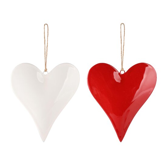 Dekoratief | Hanger hart, rood/wit, metaal, 10x2x10cm, set van 2 stuks | A248460