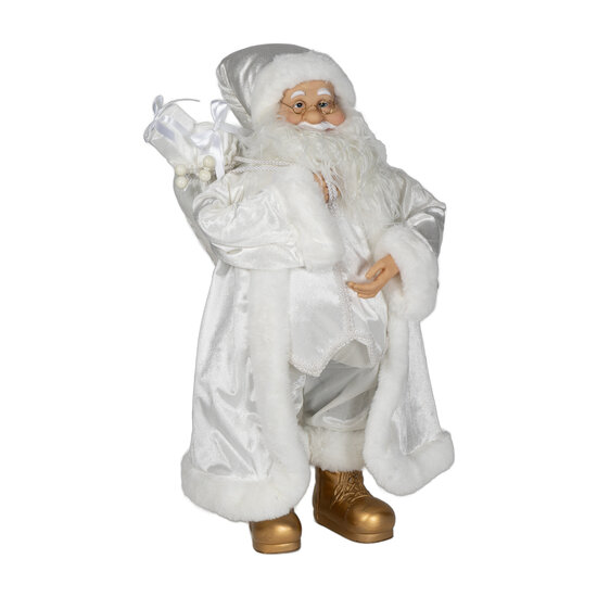 Dekoratief | Santa staand m/cadeautjes, wit/zilver, polyester, 66cm | A249055