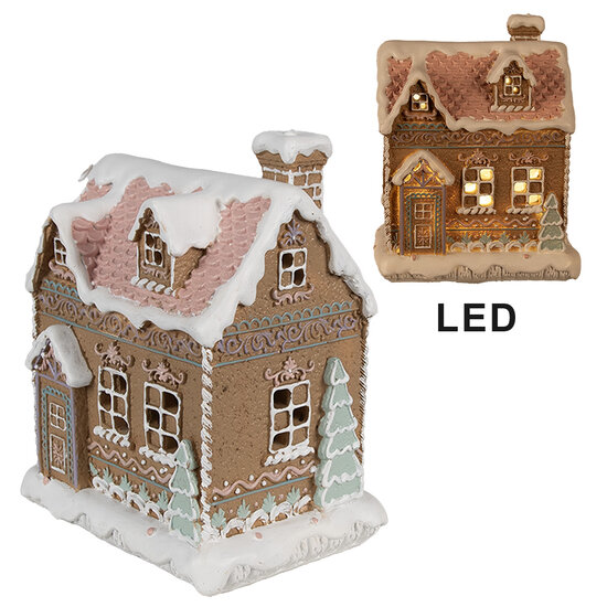 Clayre &amp; Eef   | Decoratie Huis met LED Bruin Roze 13x10x16 cm / 3xAAA | 6PR4317