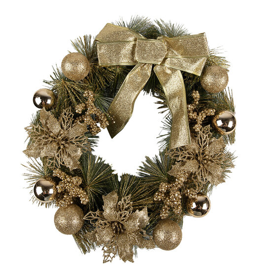 Clayre &amp; Eef   | Kerstdecoratie Krans Goudkleurig Groen &oslash; 40x10 cm | 65772