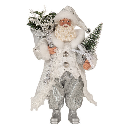 Clayre &amp; Eef   | Kerstdecoratie Kerstman Wit Zilverkleurig 16x10x27 cm | 65591