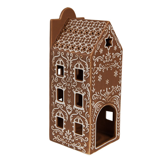 Clayre &amp; Eef   | Theelichthouder Kerst Huisje Bruin Wit 7x7x19 cm | 6CE1747