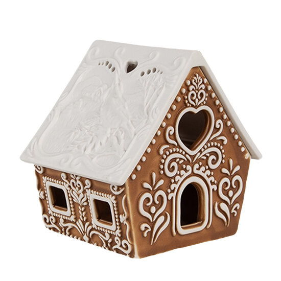 Clayre &amp; Eef   | Theelichthouder Kerst Huisje Bruin Wit 9x7x8 cm | 6CE1743